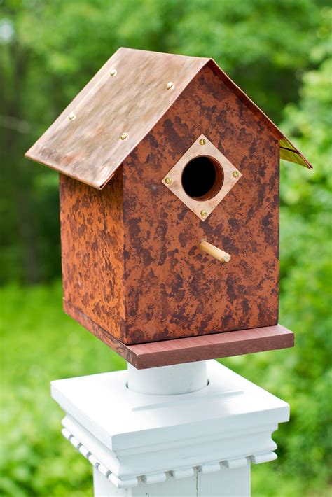 bird houses with metal roofs made of|cedar birdhouse with copper roof.